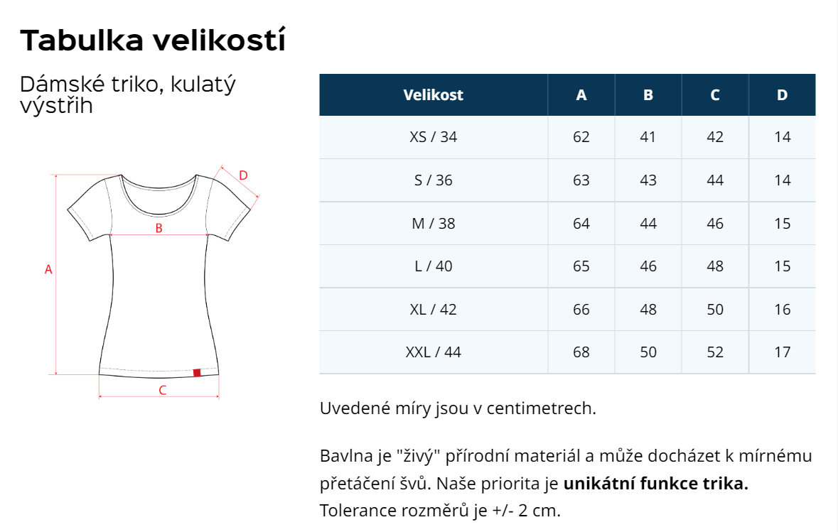 dámska velikost tab